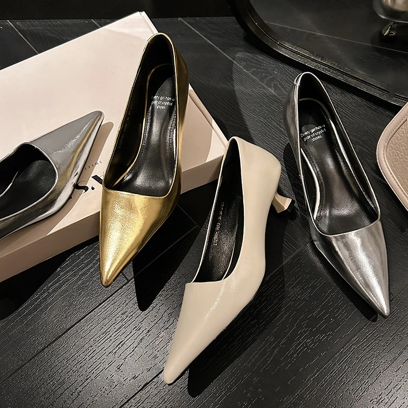 4cm不累脚~ 韩风ins金色简约里外全皮尖头细跟高跟鞋气质单鞋女