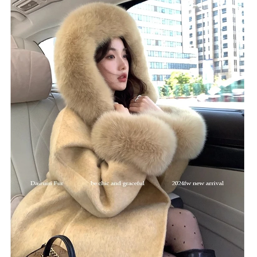 里拉歌剧院|狐狸毛连帽网红双面呢大衣女高级感皮草毛呢外套