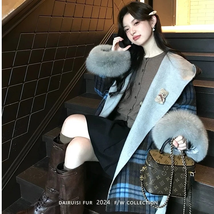 土星大衣|两面穿格纹狐 狸 毛双面呢大衣毛毛袖口外套女