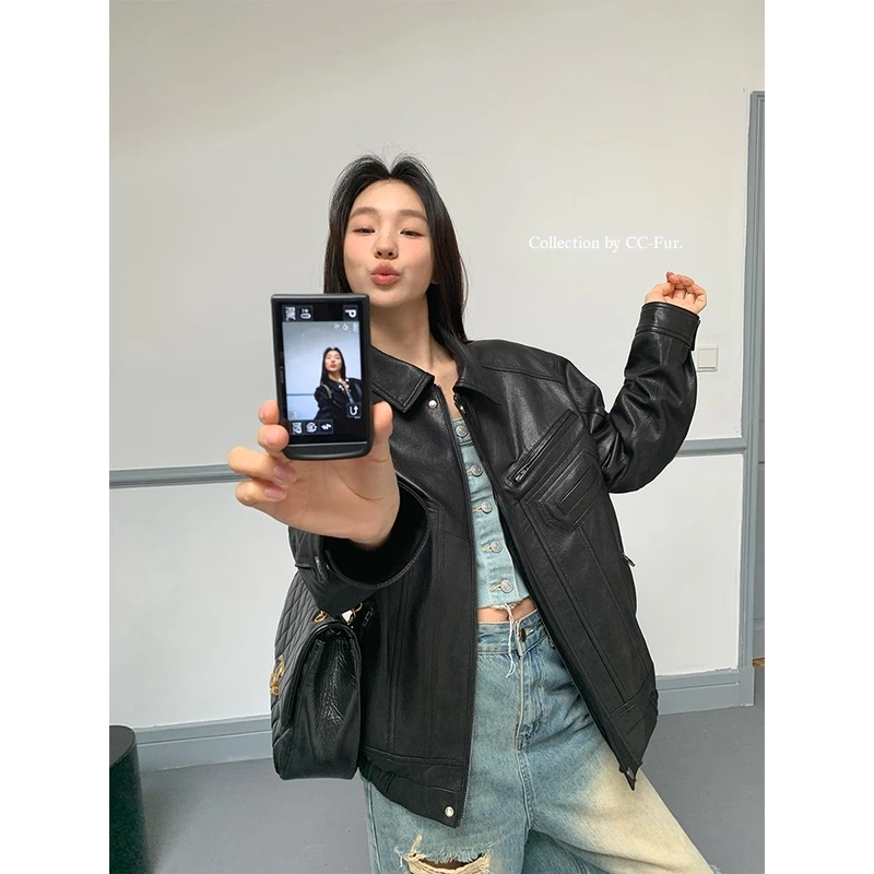 CC皮草“公路乐队”进口绵羊皮真皮机车皮衣外套女春季短款夹克