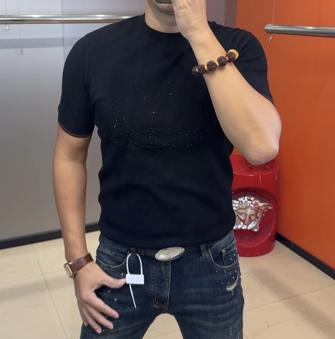 秋季时尚欧货简约百搭针织烫钻男士修身短袖