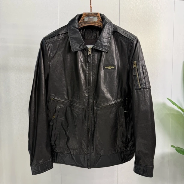牛皮油蜡飞行服休闲男士皮衣