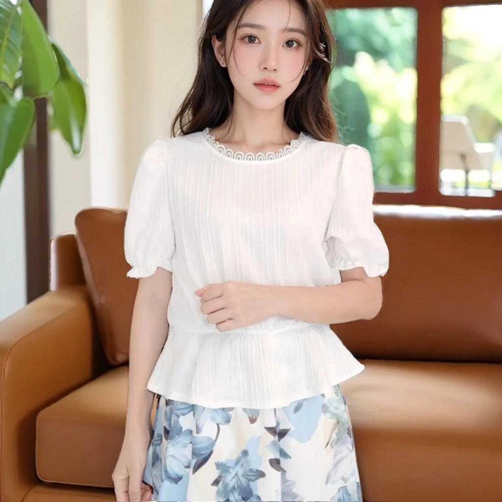 夏季新款小众甜美温柔白色花边领设计感收腰显瘦时尚气质上衣002