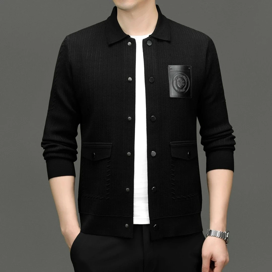 青年男士外套长袖翻领时尚休闲百搭简约新款男装针织外套开衫秋冬