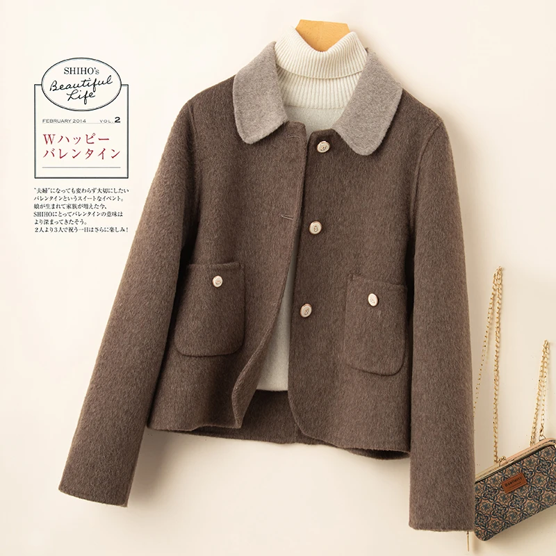 2024新双面羊毛大衣女士上衣娃娃领韩系减龄双面羊毛大衣短款