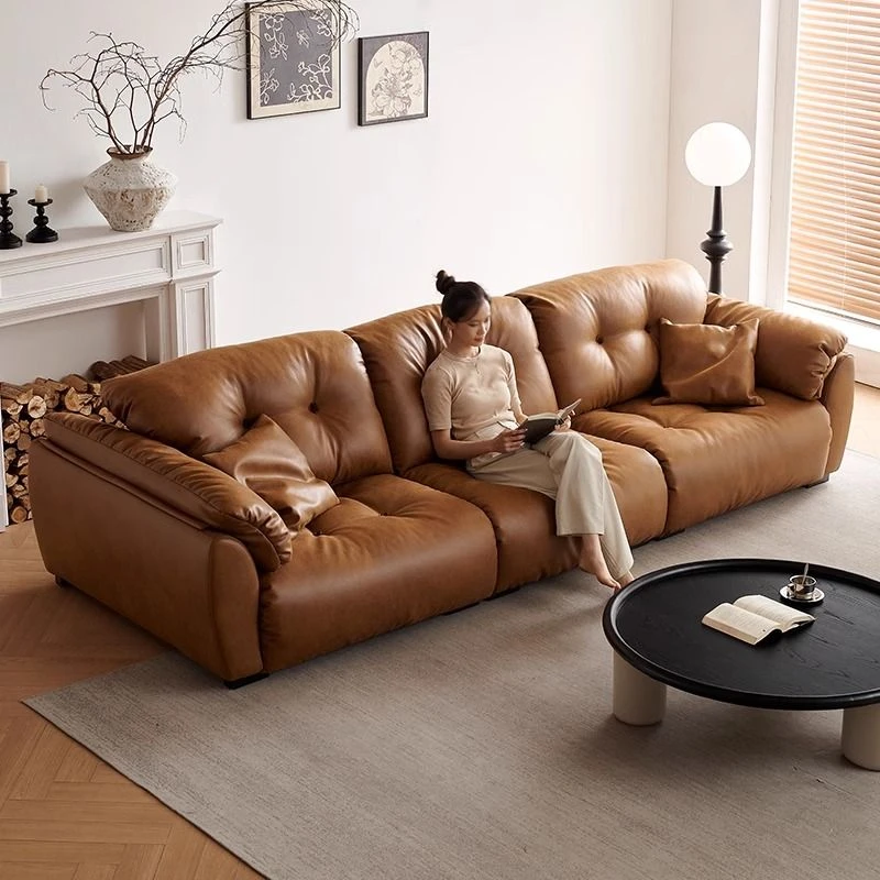 云朵沙发客厅2024中古风焦糖色油蜡真皮可移动靠背升级版沙发