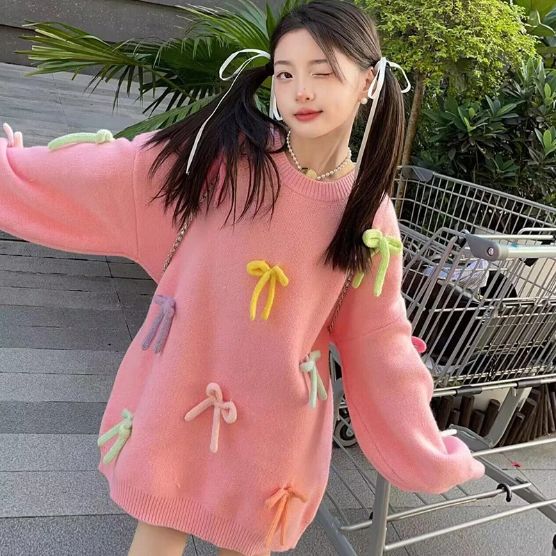 女童毛衣2023冬季新款中大童蝴蝶结甜美韩系设计感中长款针织上衣