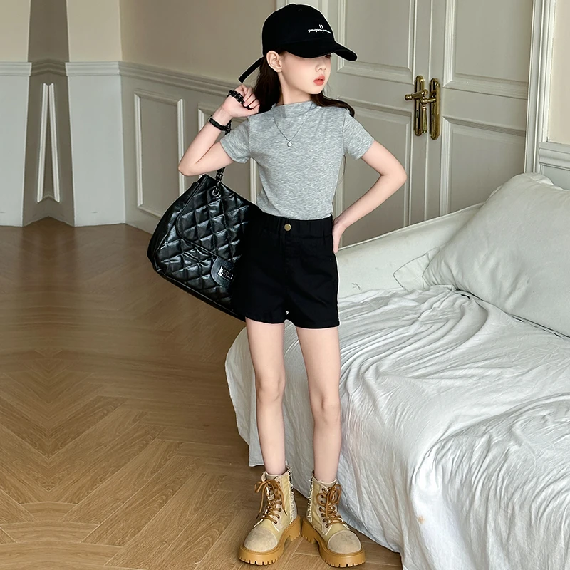 女童夏季薄款套装韩版百搭小众T恤时尚高腰短裤两件套2024儿童新