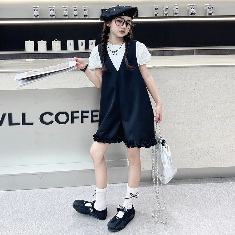 女童套装夏季薄款百搭减龄花苞袖上衣背带短裤两件套2024儿童新