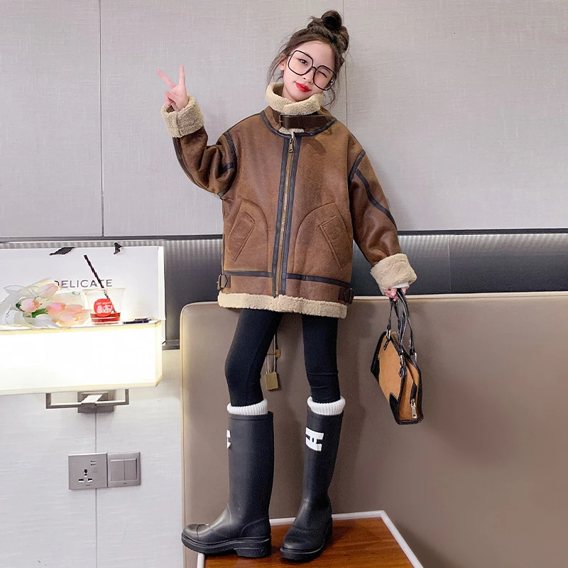 女童套装2023冬季新款儿童加绒加厚时髦皮毛一体外套鲨鱼裤两件套
