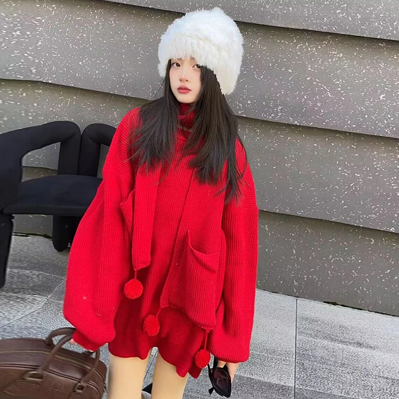 女童加厚毛衣2023新款冬季儿童时髦洋套头针织衫红色年服连衣裙