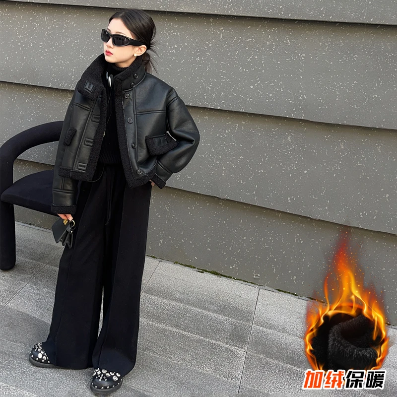 女童加厚皮毛一体外套2023冬季新款儿童时髦洋气夹克宽松保暖皮衣