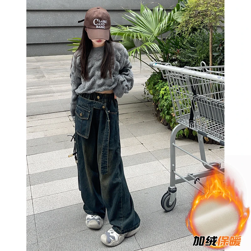 女童加绒牛仔裤套装2023冬季新款中大童时髦百搭毛衣设计感直筒裤