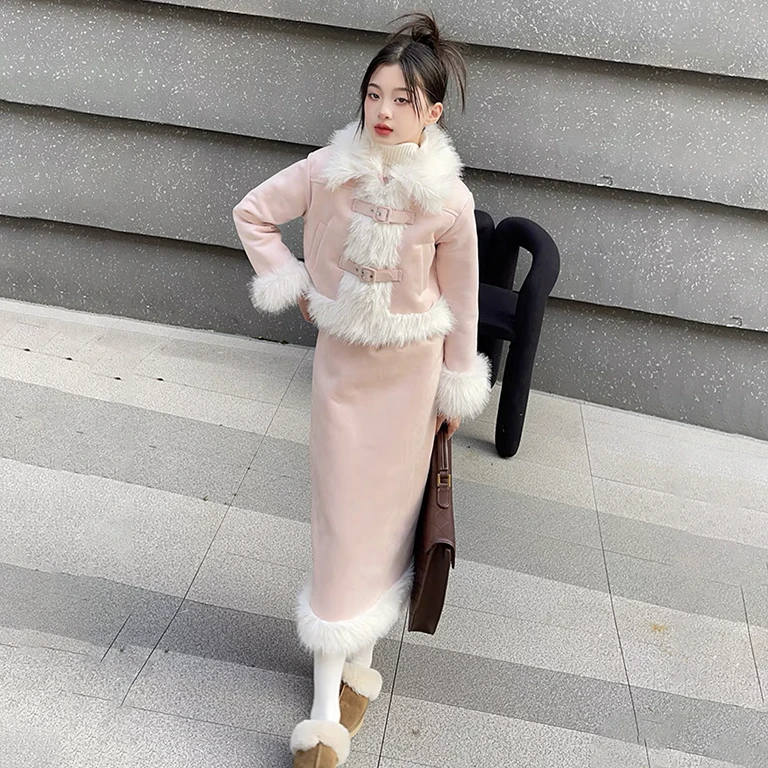 女童加棉套装2023新款中大童香风高级感长袖毛绒外套半身裙冬季潮