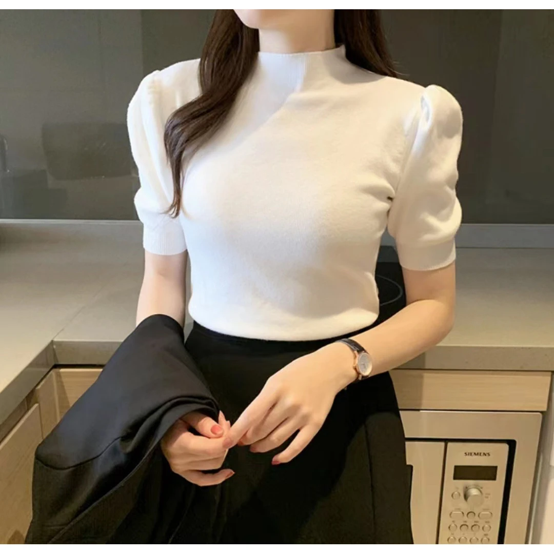 显瘦半高领打底衫女秋冬内搭针织衫短袖毛衣纯色通勤简约上衣洋气