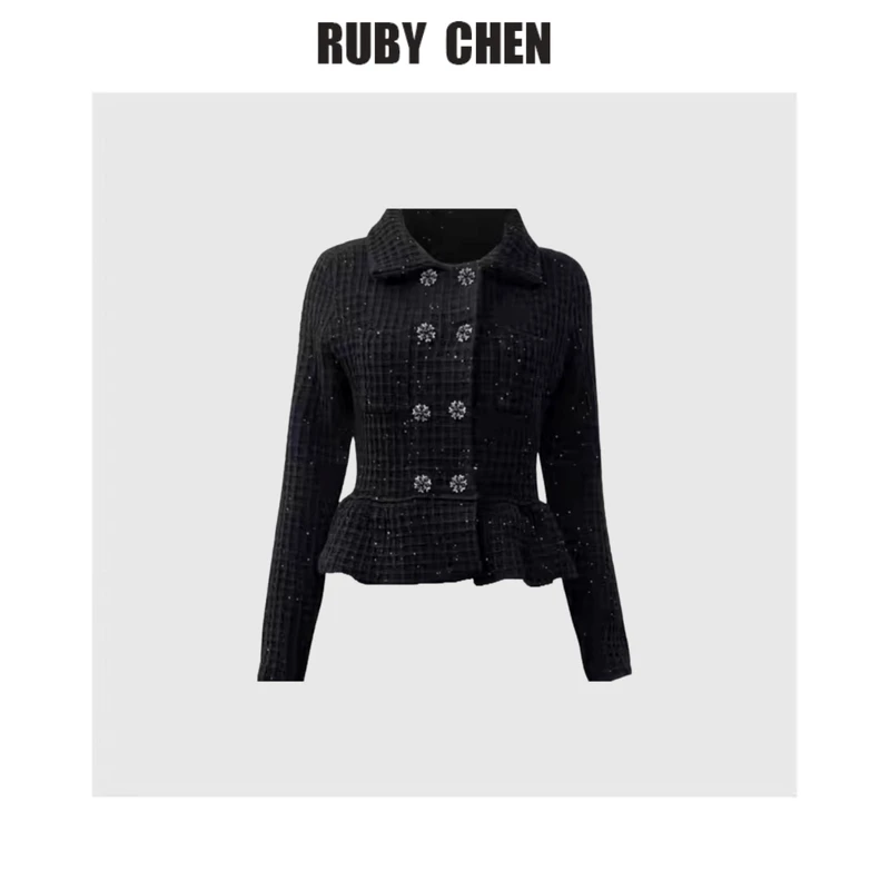 小雨2024秋冬小众气质名媛小香风双排扣亮片夹棉短外套半身裙女新