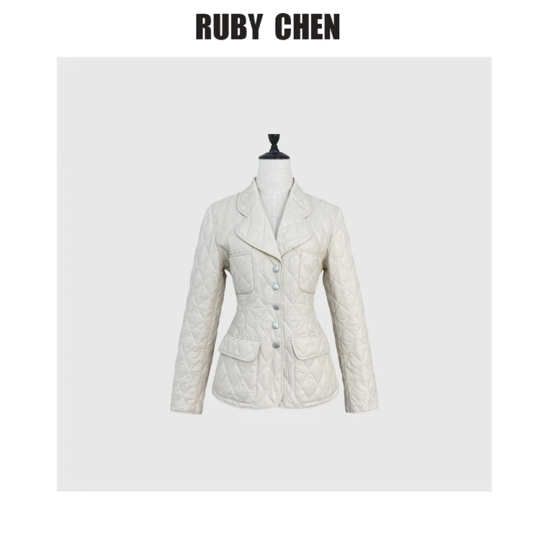 全买买短款收腰菱形格纹修身轻薄棉服外套女2025春季新品