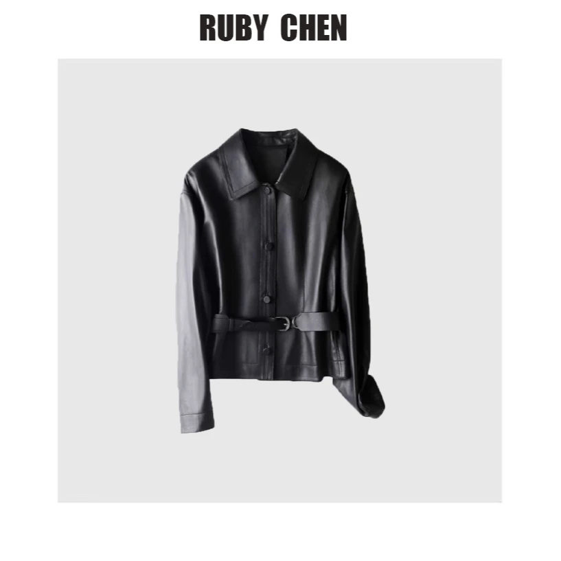 全姐~2024秋季新款韩版修身机车短款皮衣潮气质配腰带上衣