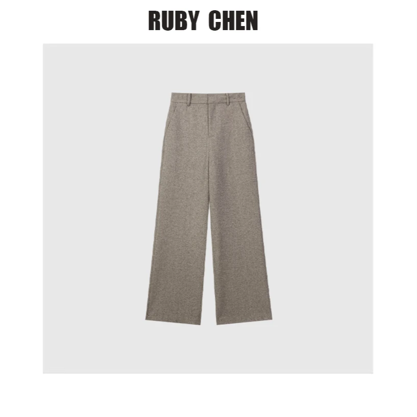 团子~卡其毛呢阔腿直筒裤女气质宽松垂感人字纹高腰裤子女