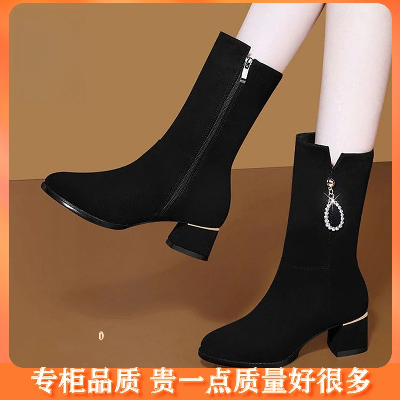 靴子女中筒靴2022年新款瘦瘦粗跟磨砂翻毛皮鞋马丁靴半桶冬鞋短ZO