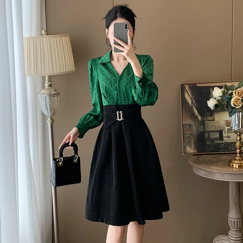 秋冬气质女装名媛风连衣裙女高级感轻奢裙子波点显瘦长袖连衣裙