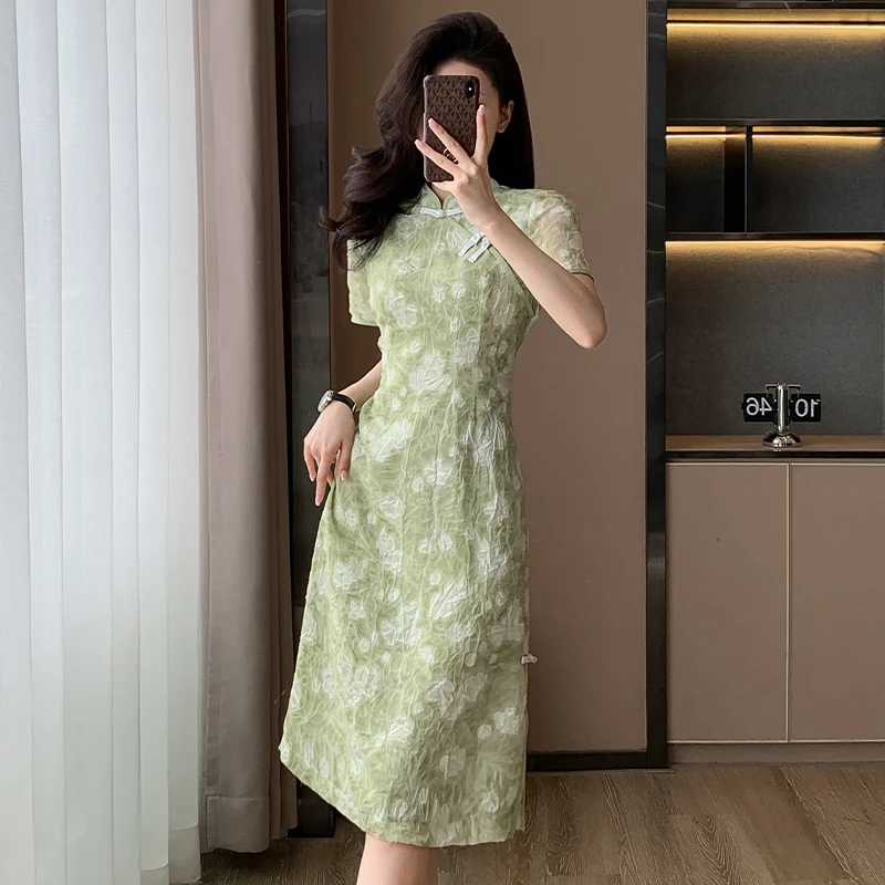 气质清新绿色中国风旗袍新中式显瘦少女复古收腰长款修身夏季穿搭