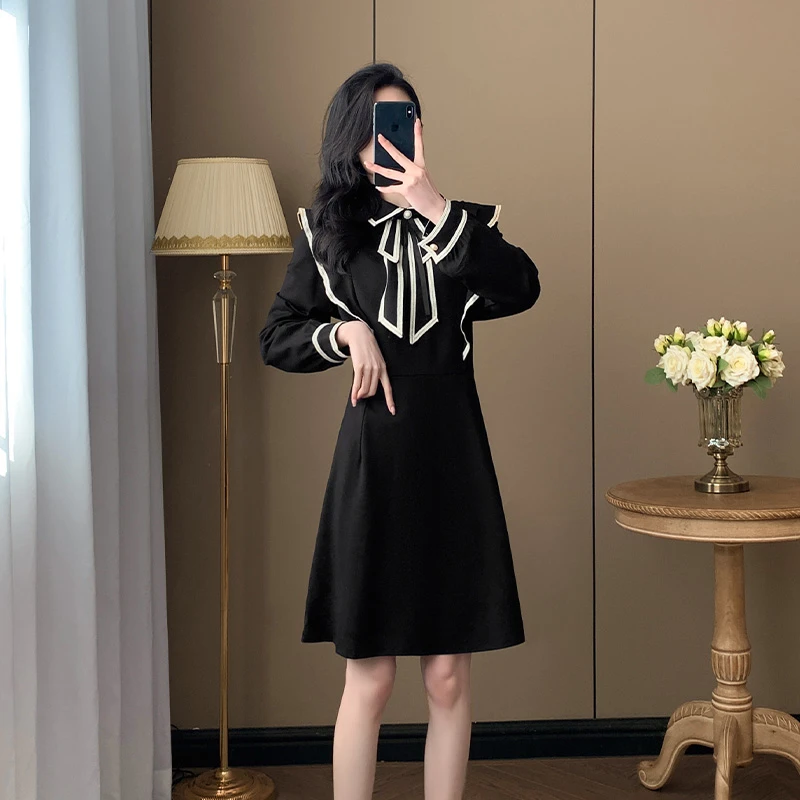 2024法式气质小香风高档连衣裙收腰韩版显瘦长袖蝴蝶结时尚连衣裙