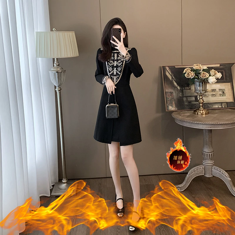 新中式国风改良旗袍裙女秋冬季气质高级感大衣内搭加绒黑色连衣裙