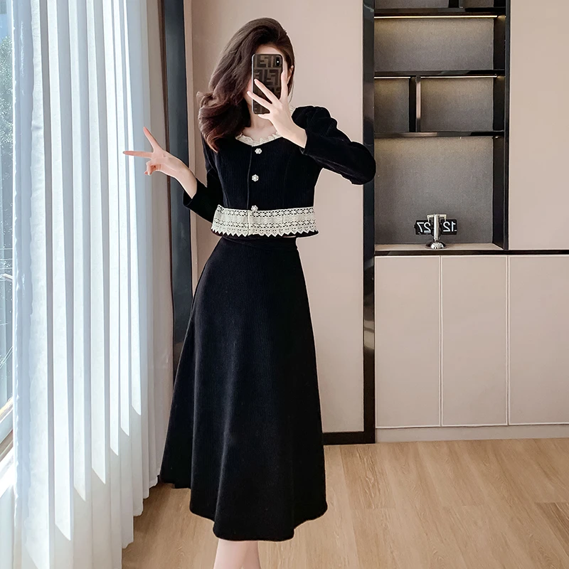 气质2024法式秋冬灯芯绒蕾丝小香风两件套方领中长款显瘦套装裙