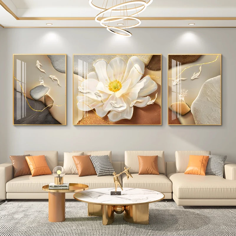 奶油风客厅沙发背景墙装饰画抽象墙面油画风现代花朵三联墙壁挂画