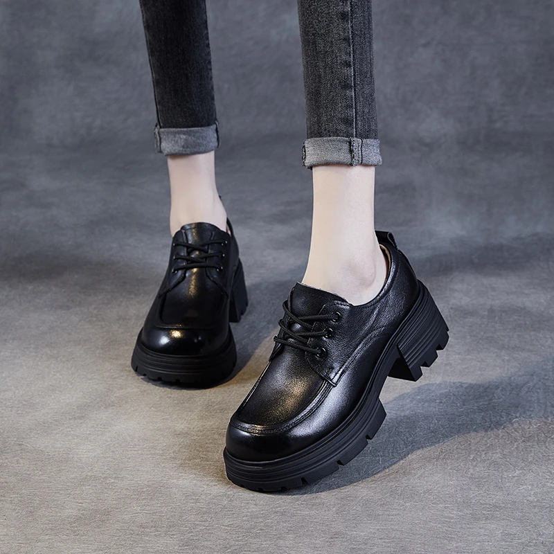 头层牛皮系带乐福鞋女轻便厚底增高黑色温州英伦复古气质优雅单鞋