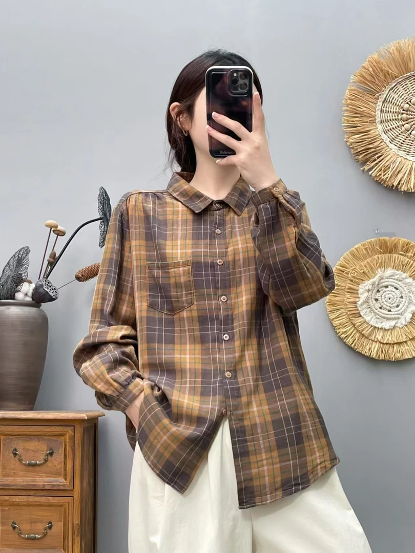 24新春秋女款纯棉衬衣100棉长袖休闲文艺优雅百搭复古衬衫格子