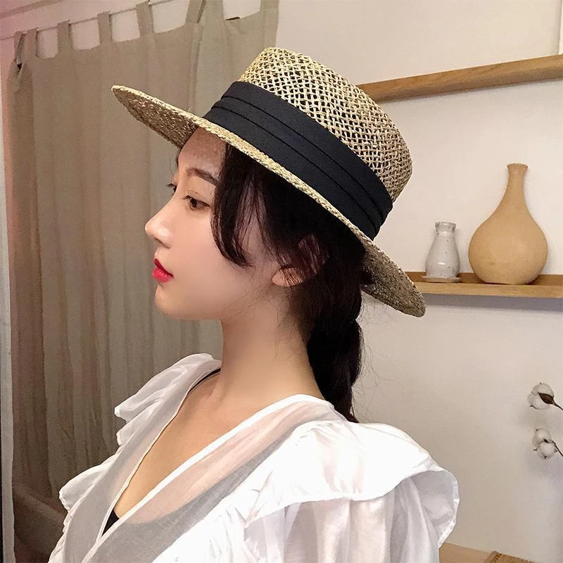 镂空网红平顶帽女时尚防晒遮阳海边帽子沙滩度假法式巴拿马礼帽