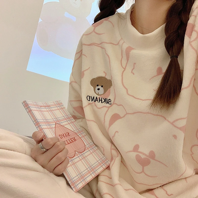 珊瑚绒睡衣女春秋圆领长袖少女2023新款秋冬法兰绒家居服宽松套装