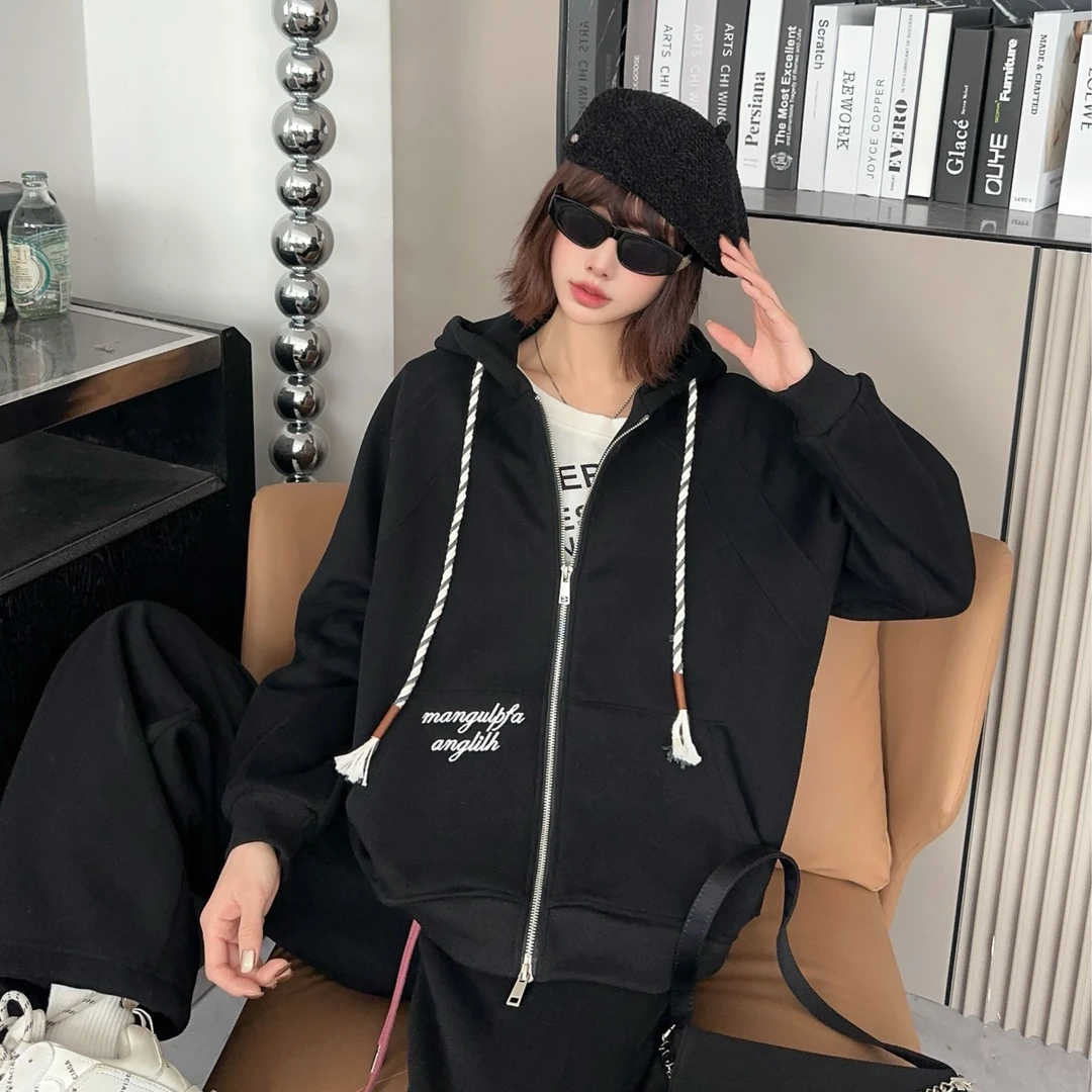 卫衣外套插肩袖设计感加绒连帽拉链卫衣奥粒绒刺绣款休闲ins长袖