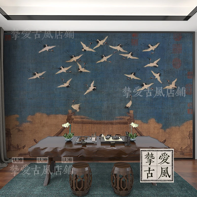 瑞鹤图背景墙壁纸中式中国风壁画故宫仙鹤客厅沙发墙布宋徽宗赵佶