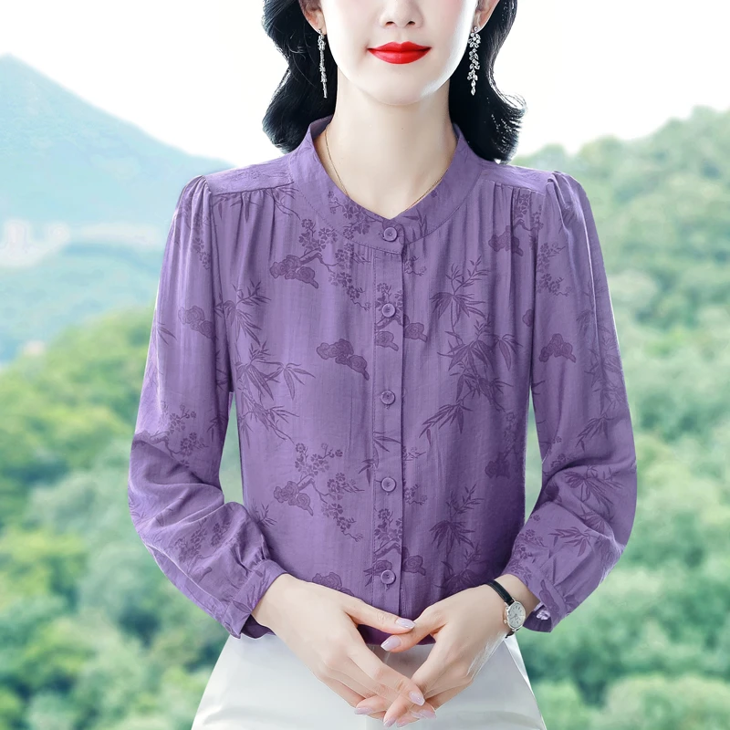 秋季新款时尚轻奢立领小衫气质妈妈装百搭棉麻宽松显瘦长袖上衣