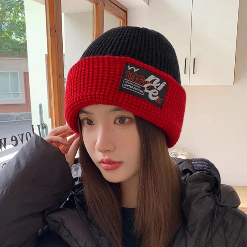 针织帽女冬天加厚韩版贴布字母网红帽时尚堆堆包头帽双面戴月子帽