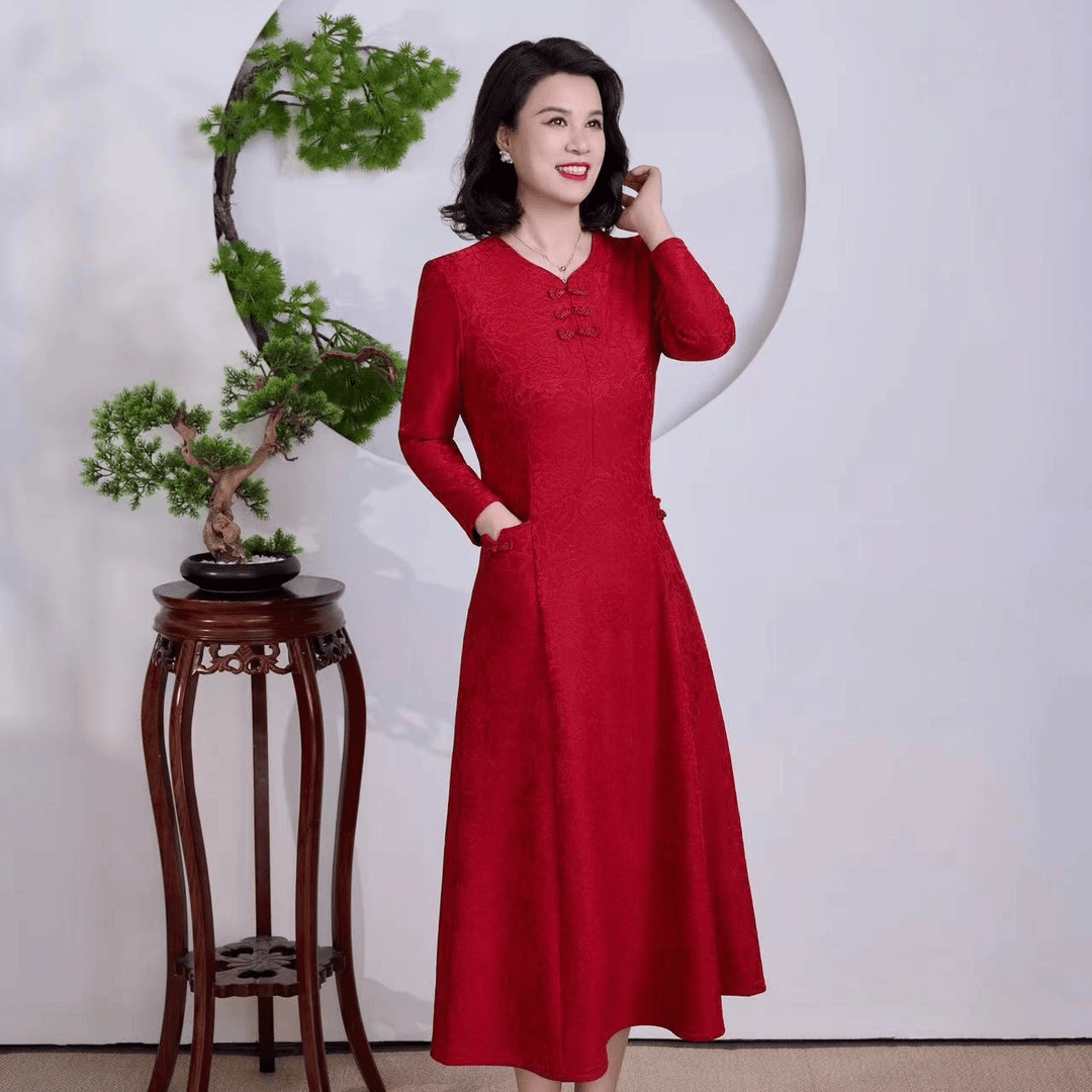 精选801三盘扣妈妈装新款中国风女装连衣裙中长款