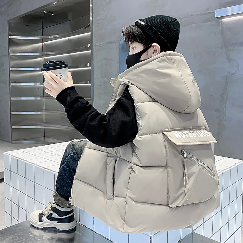 男童秋冬款马甲2025新款男孩潮牌棉坎肩中大童连帽加厚马夹外穿潮