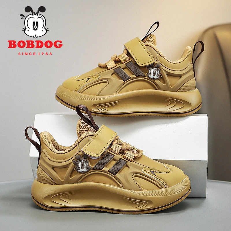 巴布豆男童运动鞋皮面防水2025春秋新款软底防滑轻便时尚儿童鞋子