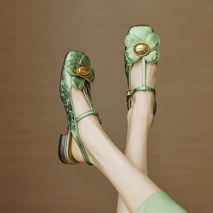 【梓】巨好穿法式包头凉鞋女春夏方头低跟平底鞋粗跟绿色花朵蝴蝶结