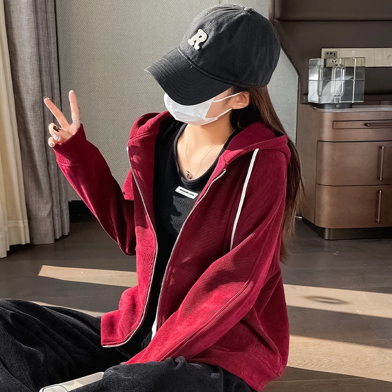 枣红色外套女加绒2024新款爆款秋冬韩版卫衣拉链开衫气质连帽上衣