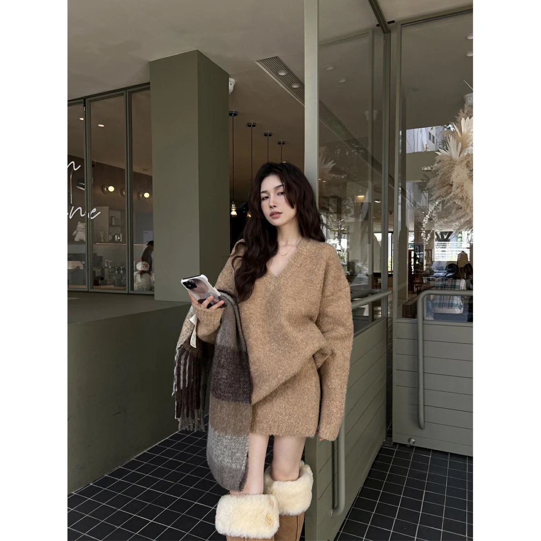 韩系高级感V领慵懒风宽松套头毛衣高腰针织半身裙秋冬显瘦两件套