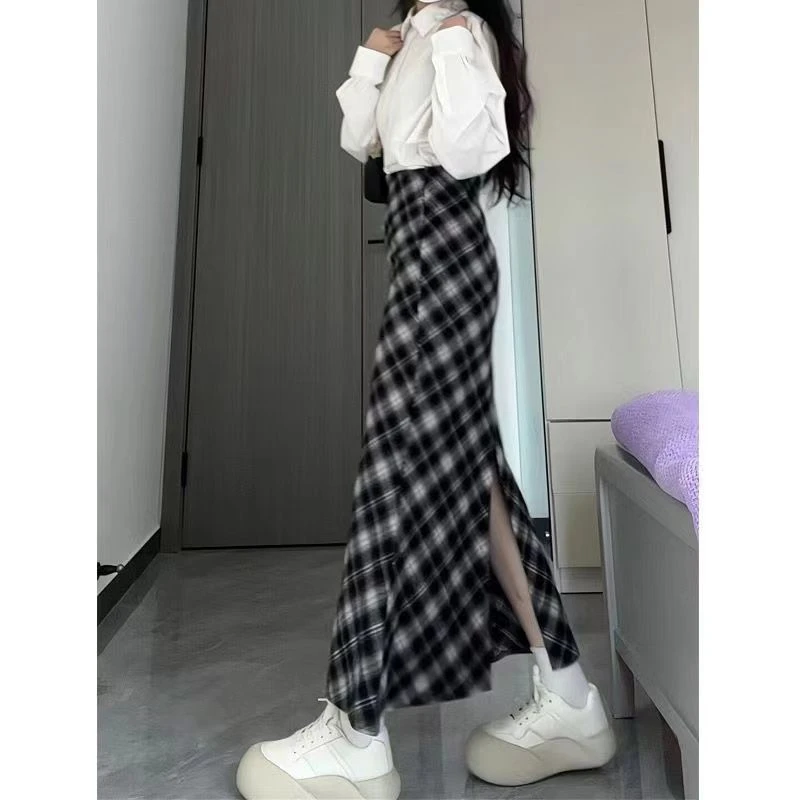 法式宽松磨毛格子春秋长裙夏季显瘦格纹鱼尾修身中长款开叉包臀裙