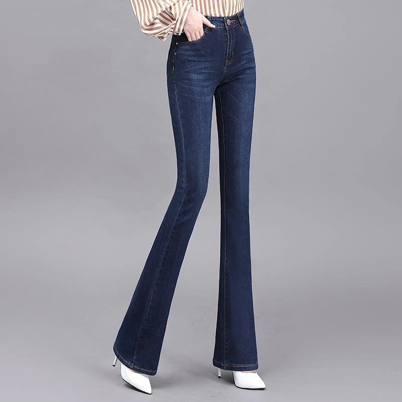 春秋新款高腰遮肉显瘦微喇牛仔裤女士胖mm百搭休闲大码弹力喇叭裤