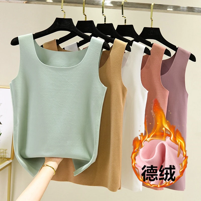 女双面磨毛内搭德绒吊带背心加绒保暖打底衫秋冬新款无痕修身上衣