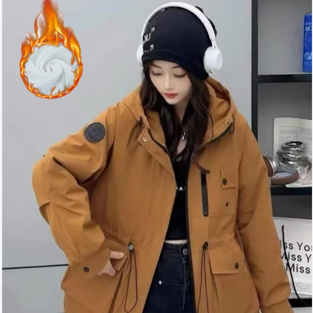 【皖苏】冬季加绒加厚连帽派克服新款收腰时尚百搭外套抗风保暖女士