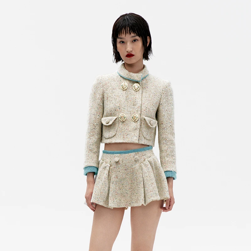 LE FAME/拉飞姆冬季经典60年代撞色拼接短款小香风外套