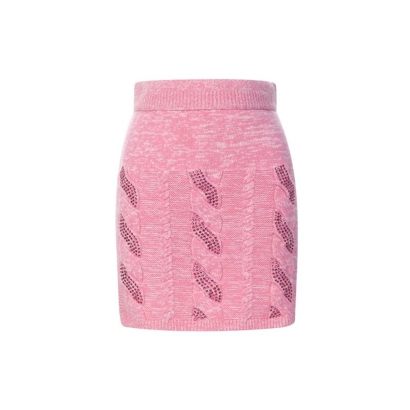 LEFAME/拉飞姆粉色绞花烫钻百褶针织短裙包臀半裙